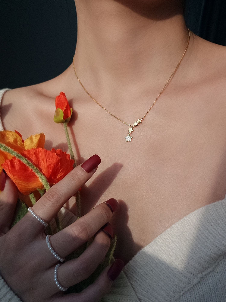 ANENJERY 925 Sterling Silver Dainty Unique Tassel Star Necklace for Women Cubic Zircon Clavicle Chain Necklace Jewelry S-N699