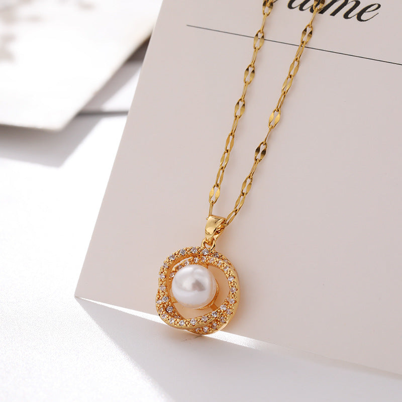 Titanium Steel Necklace Women''s Hollow Bird''s Nest Imitation Pearl Pendant