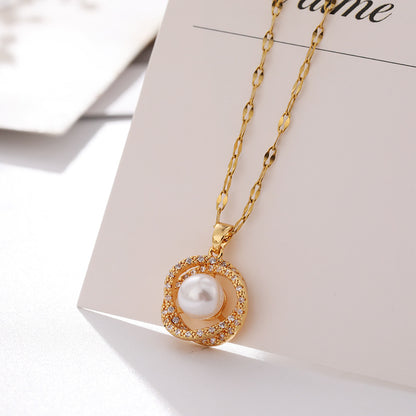 Titanium Steel Necklace Women''s Hollow Bird''s Nest Imitation Pearl Pendant