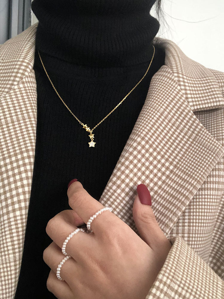 ANENJERY 925 Sterling Silver Dainty Unique Tassel Star Necklace for Women Cubic Zircon Clavicle Chain Necklace Jewelry S-N699