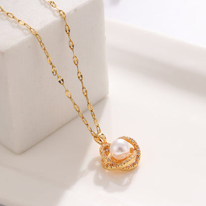 Titanium Steel Necklace Women''s Hollow Bird''s Nest Imitation Pearl Pendant