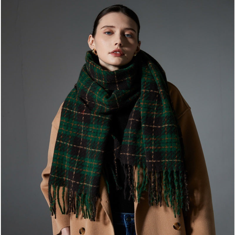 European And American Green Tassel Plaid Scarf Shawl