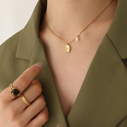 Fashion Titanium Steel Necklace Niche Pearl Oval Brand