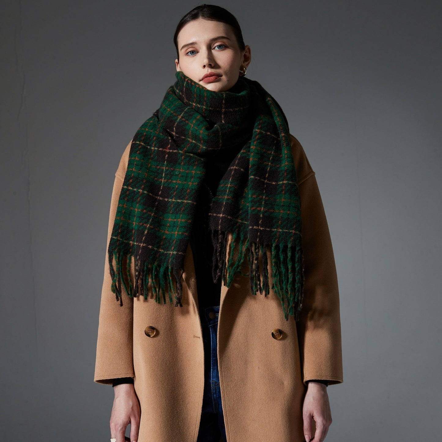 European And American Green Tassel Plaid Scarf Shawl